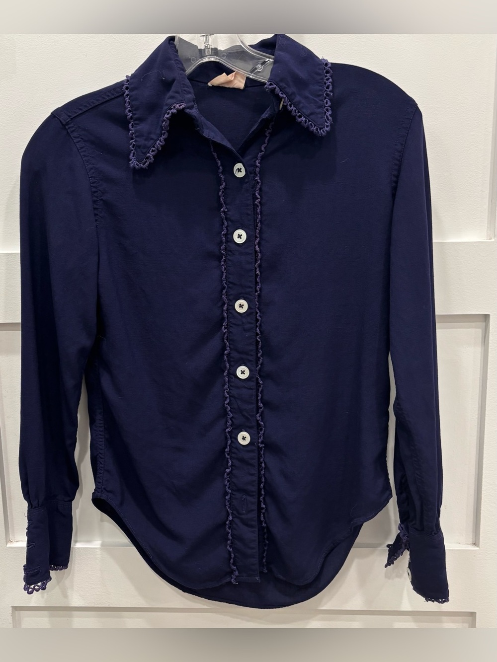 Vintage Evan Picone Navy Ruffle-Trim Button Down Shirt